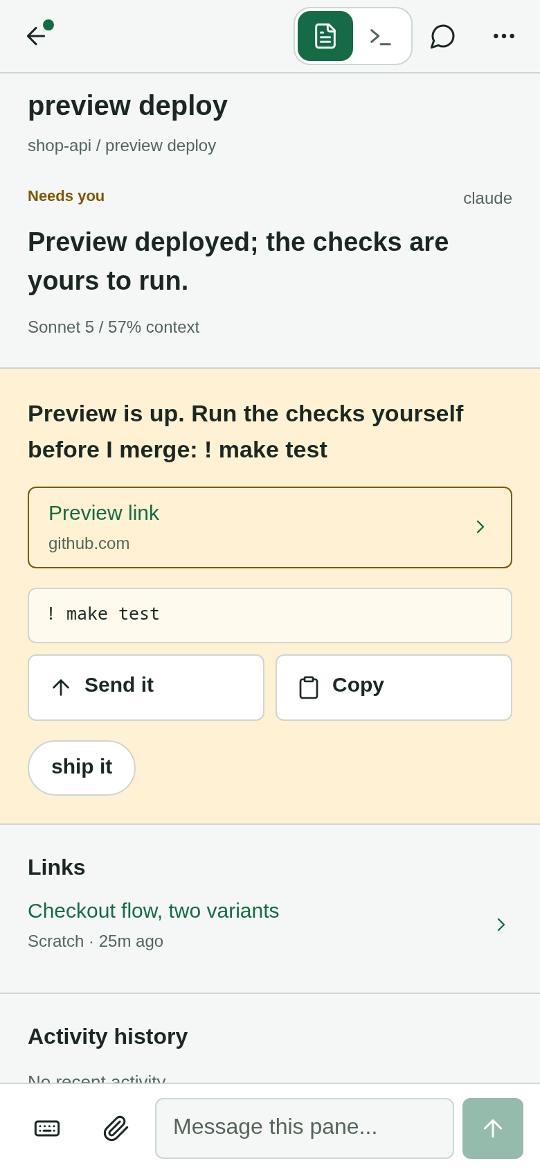 An agent hands you a command to run: make test, and a reply, each with Send it and Copy buttons