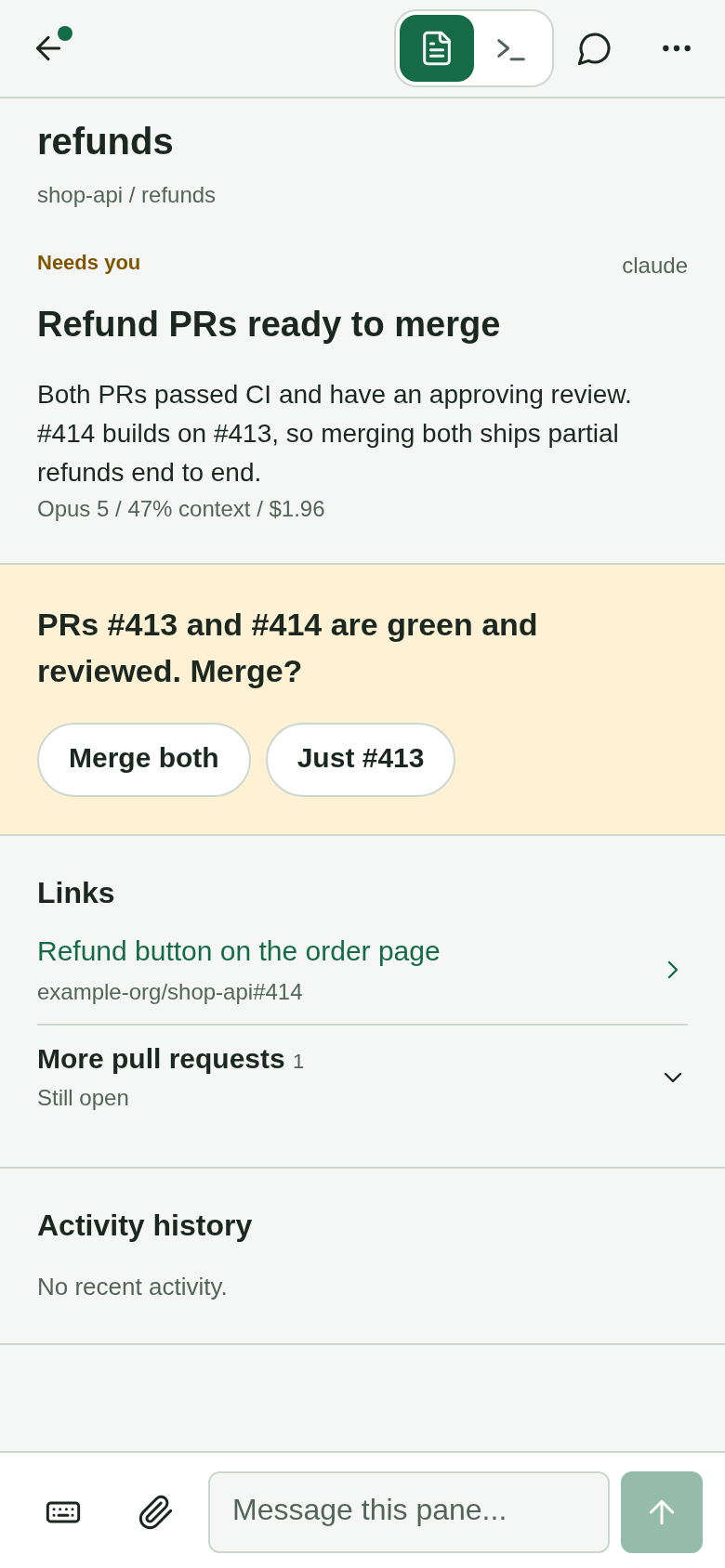 The same question in the agent's overview: a summary, both answers as buttons, and both PRs under Links with their titles