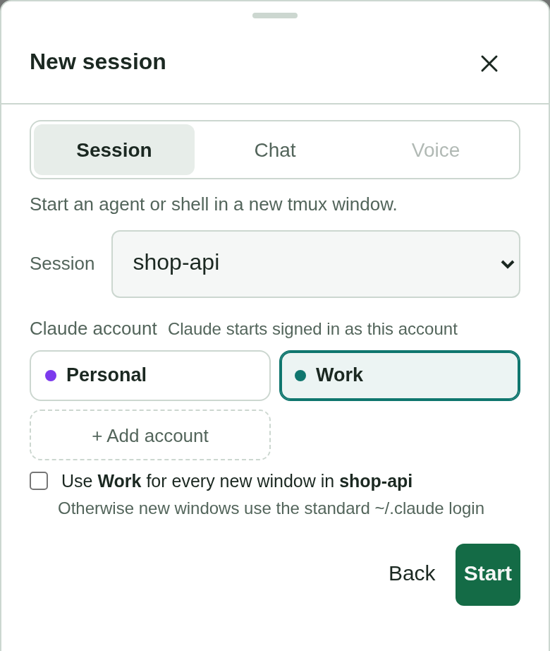 New session with two Claude accounts: Personal and Work as cards, “+ Add account”, and the session’s default shown and settable