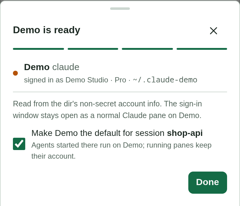 The last step: “Demo is ready”, signed in as Demo Studio on ~/.claude-demo, with the session default ticked