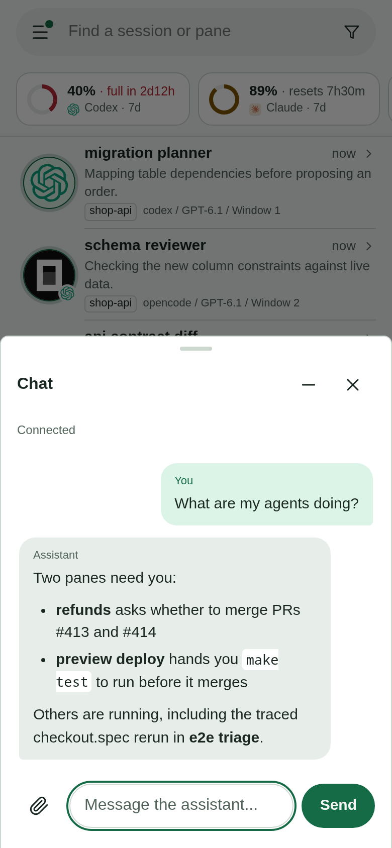 Chat on the phone answering what the agents are doing: two panes need you, the rest are running