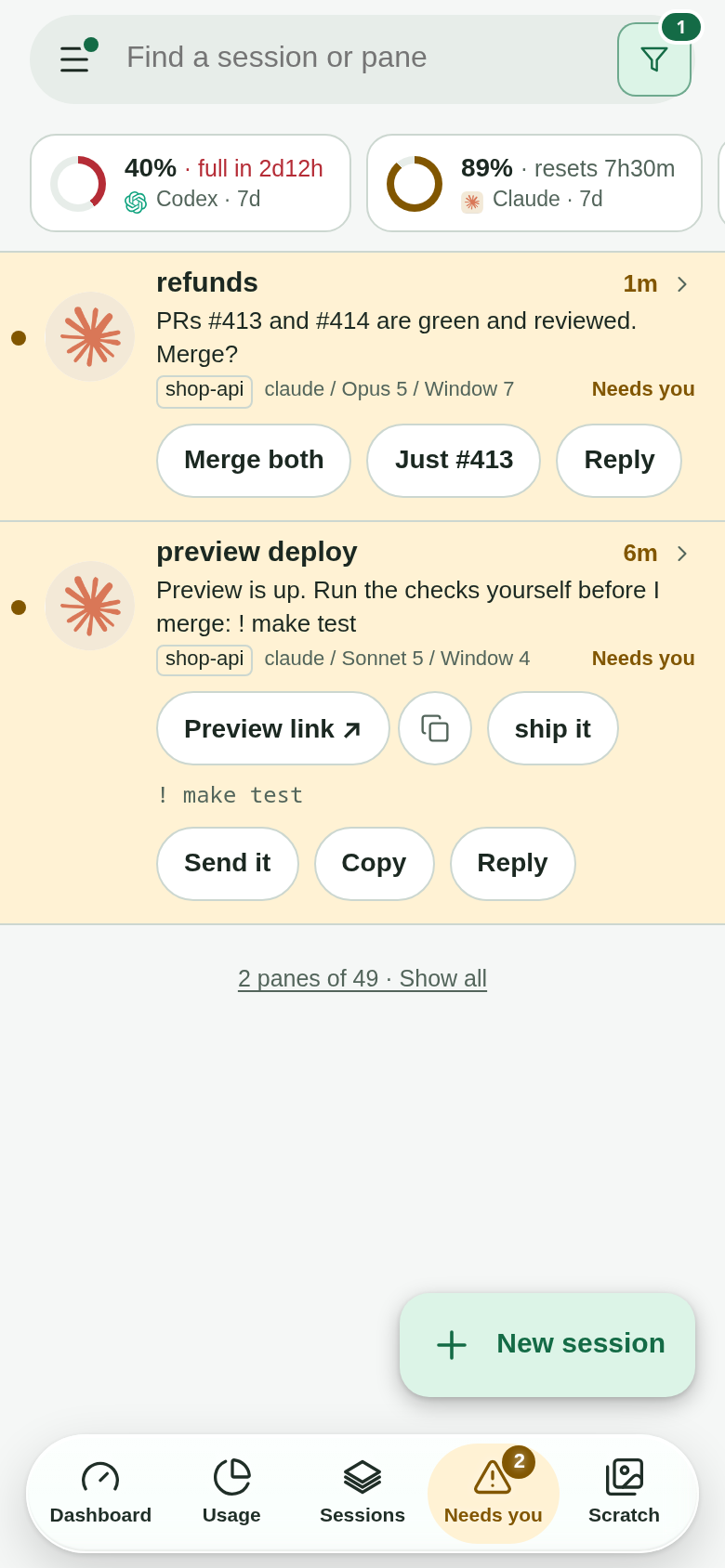 Phone list of the panes that need you, each question answerable in one tap