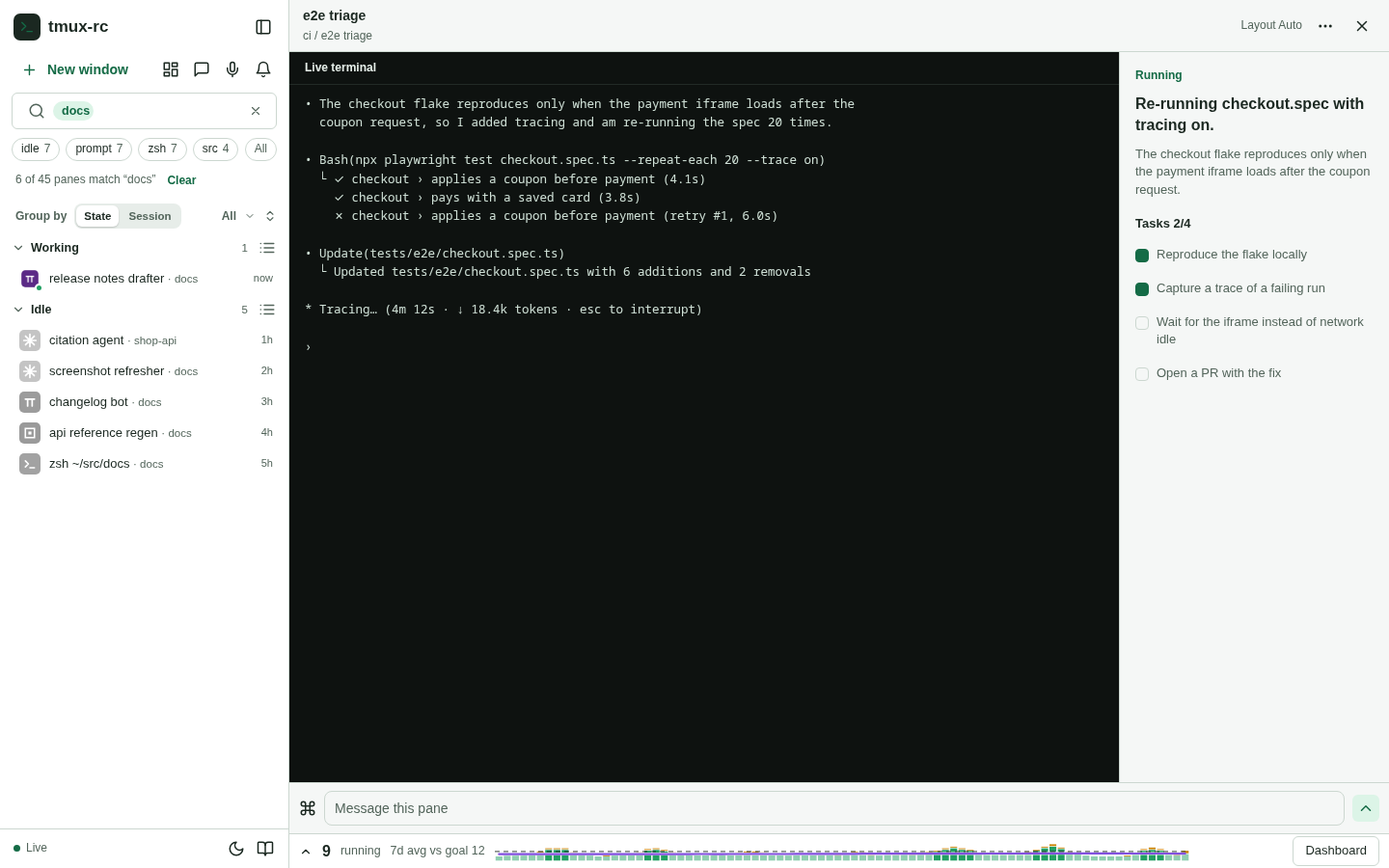 T3: the chip strip with “docs” active; the list narrows to 6 of 45 panes