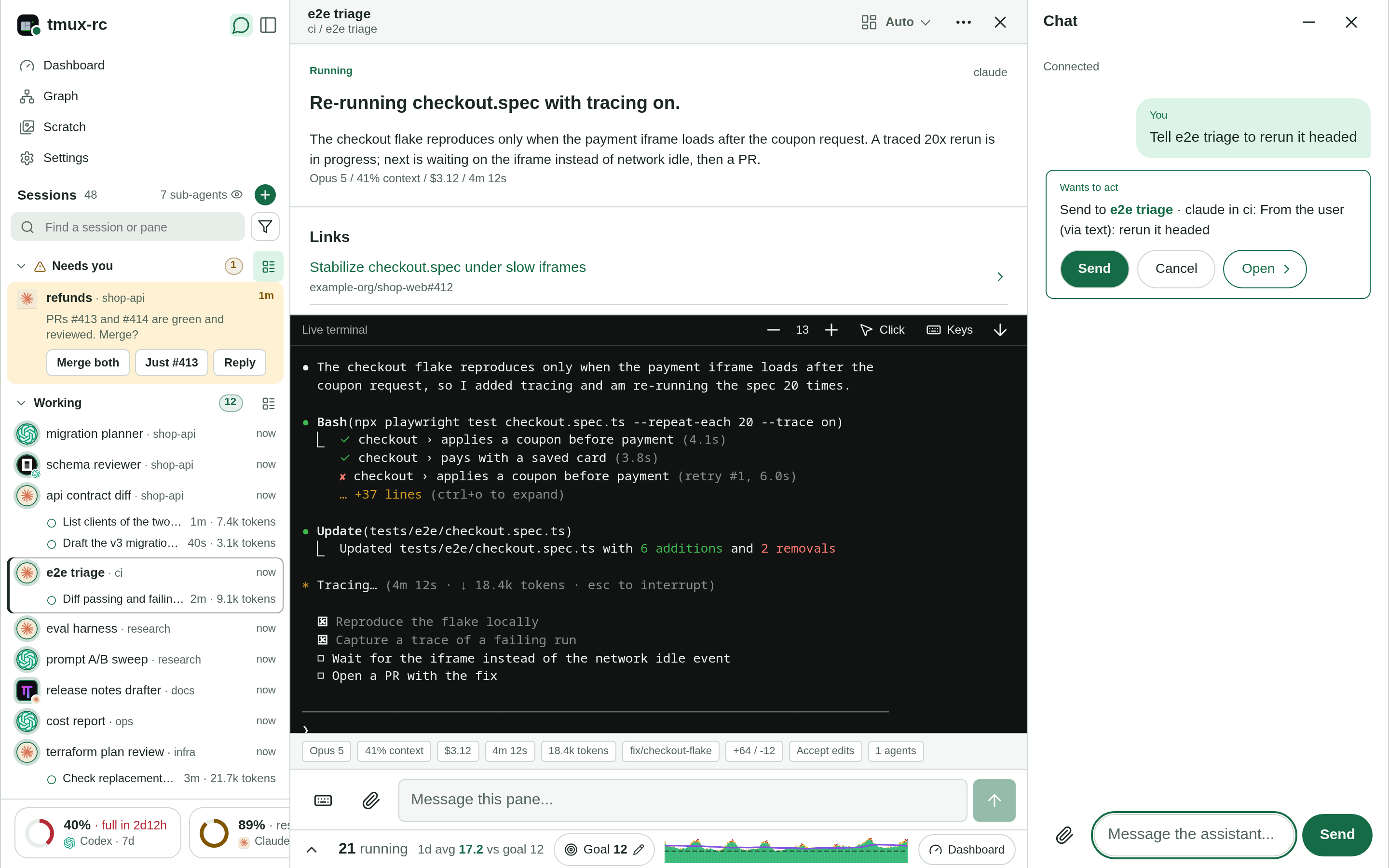 Desktop chat proposing a message to the e2e triage agent for approval
