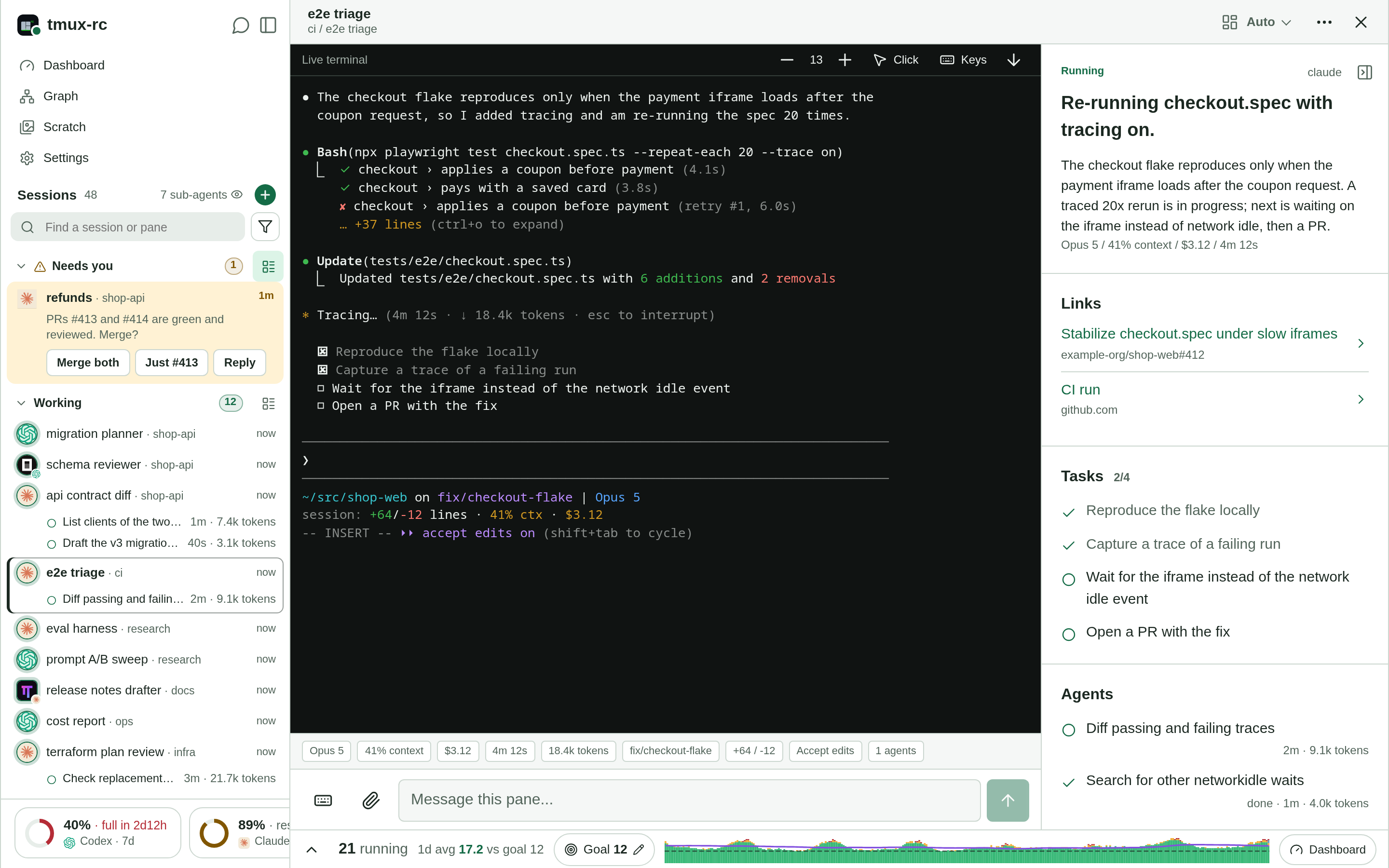 Desktop agent manager: one agent needs attention, with working sessions and subagents below, alongside the live terminal and agent overview
