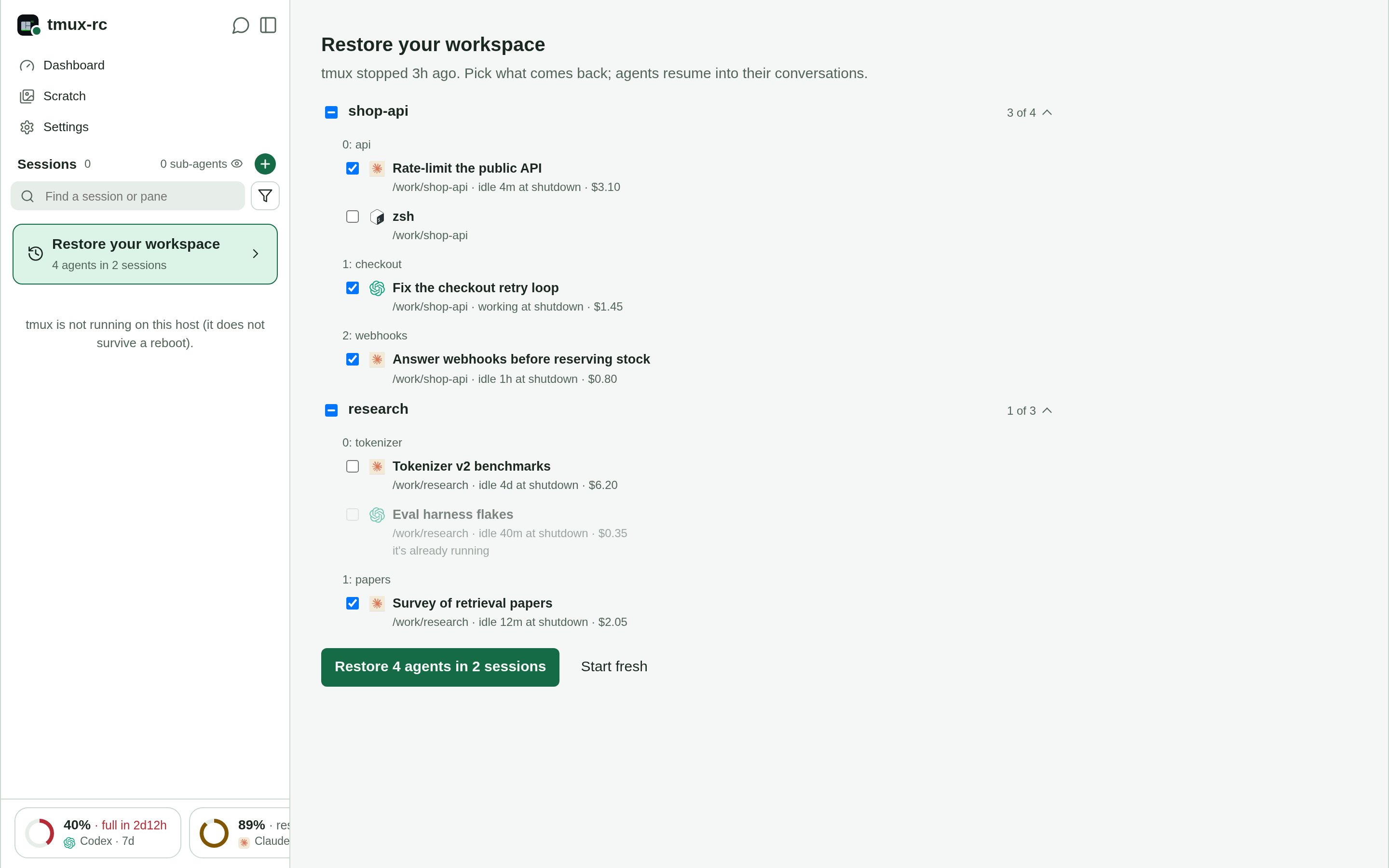The Restore view after a reboot: two sessions of agents with their conversations' titles, most ticked, a long-idle one unticked and one already running greyed out