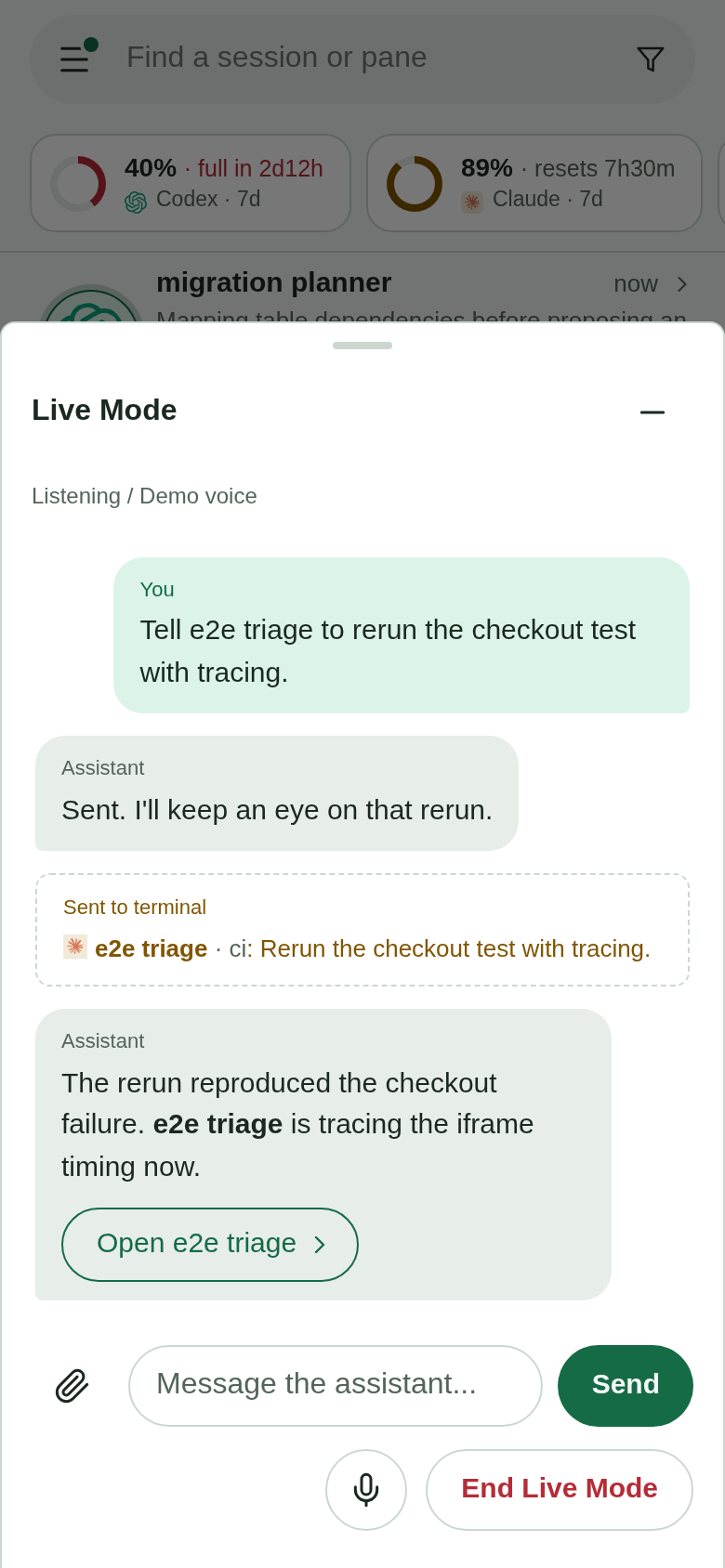 Active phone voice session with the microphone on, spoken instructions, and an assistant follow-up