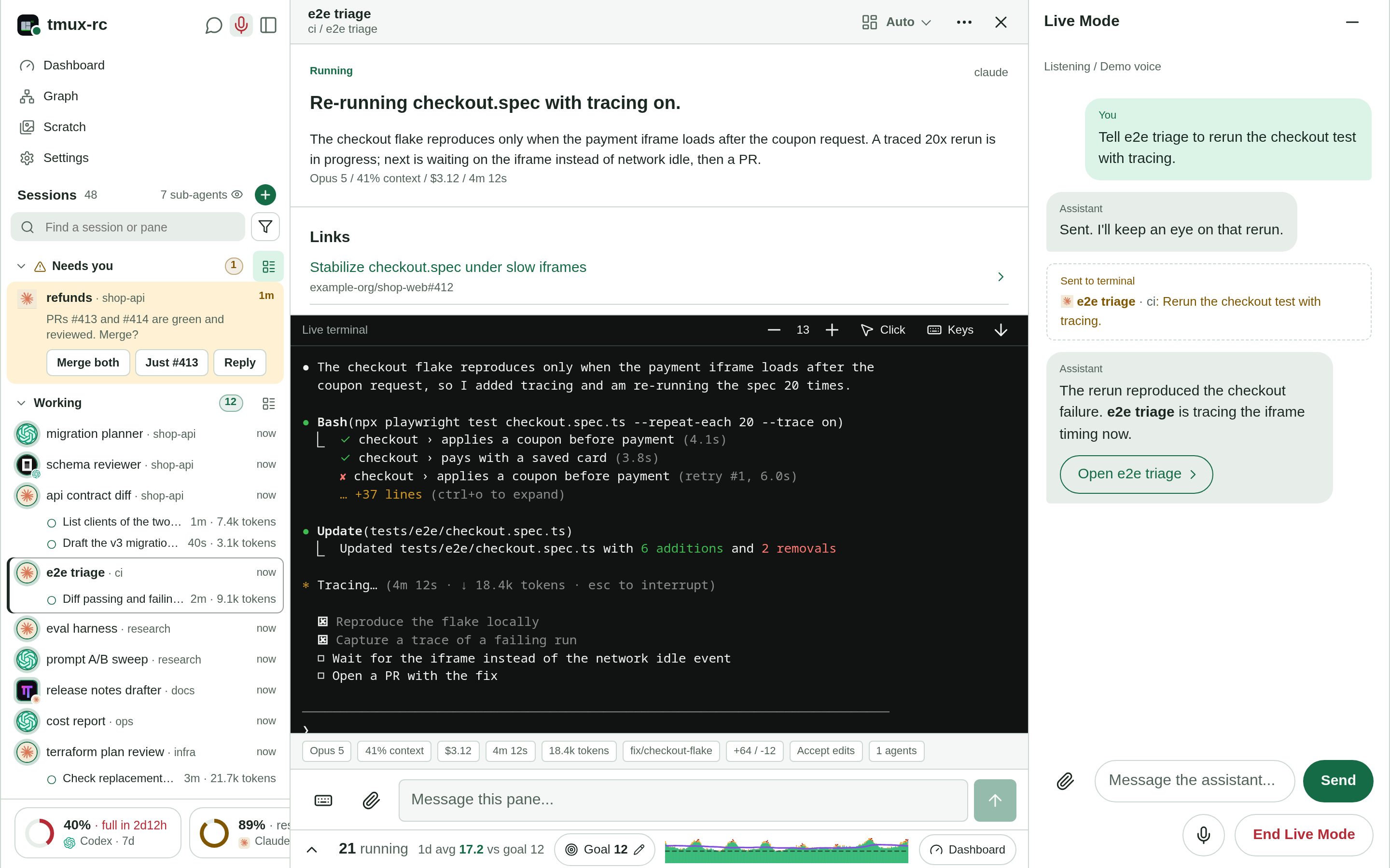 Active desktop voice conversation sending a tracing request, then reporting the agent's progress with an Open button